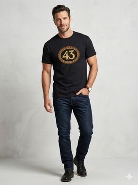 Gildan Men's Black Tee with Gold Logo & Dark Blue Slim Jeans